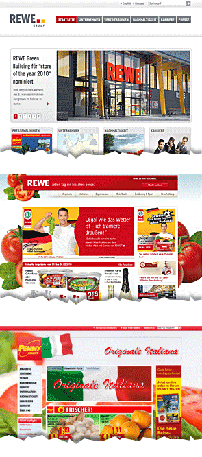 Screenshots der Startseiten von REWE Group, REWE und PENNY